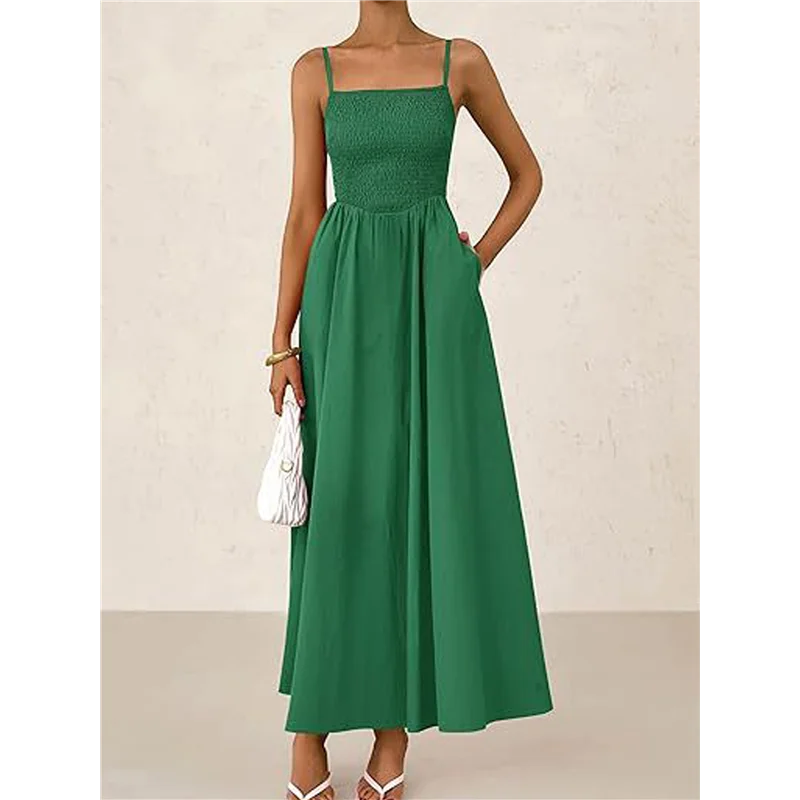 【SEE】 Abiti lunghi estivi da donna Vestito estivo da spiaggia Casual con cinturino per spaghetti Smocked Swing A Line Abito lungo e fluido