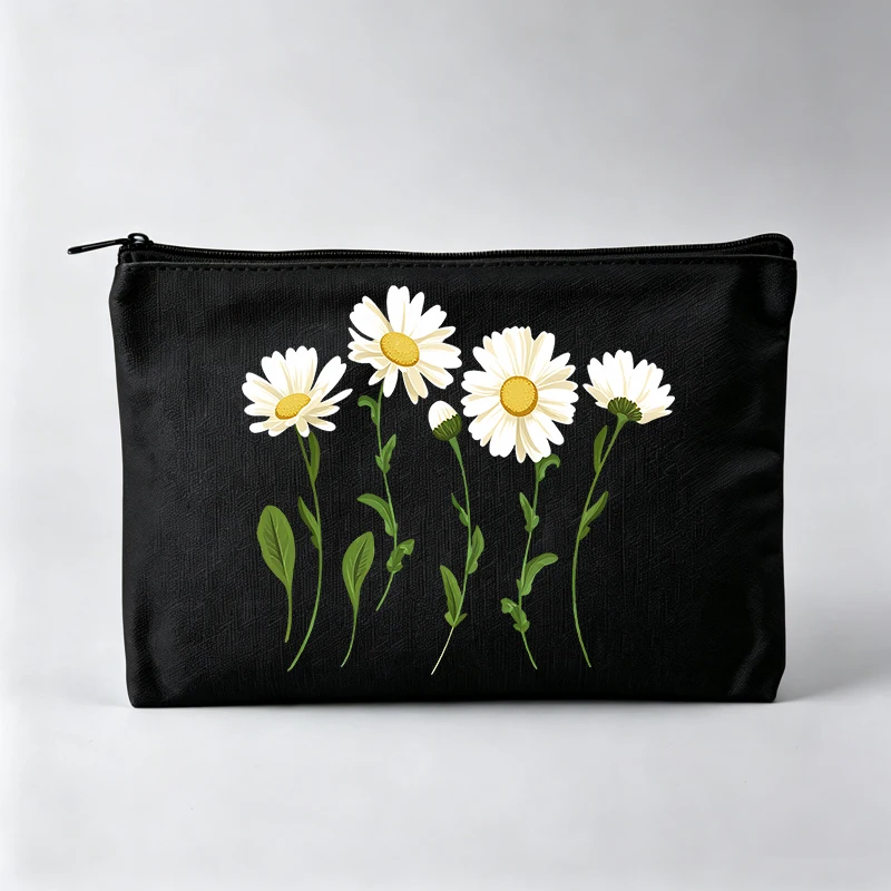 Women's Daisy Flower Print Makeup Bag, Zipper Cosmetic Pouch for Daily Use