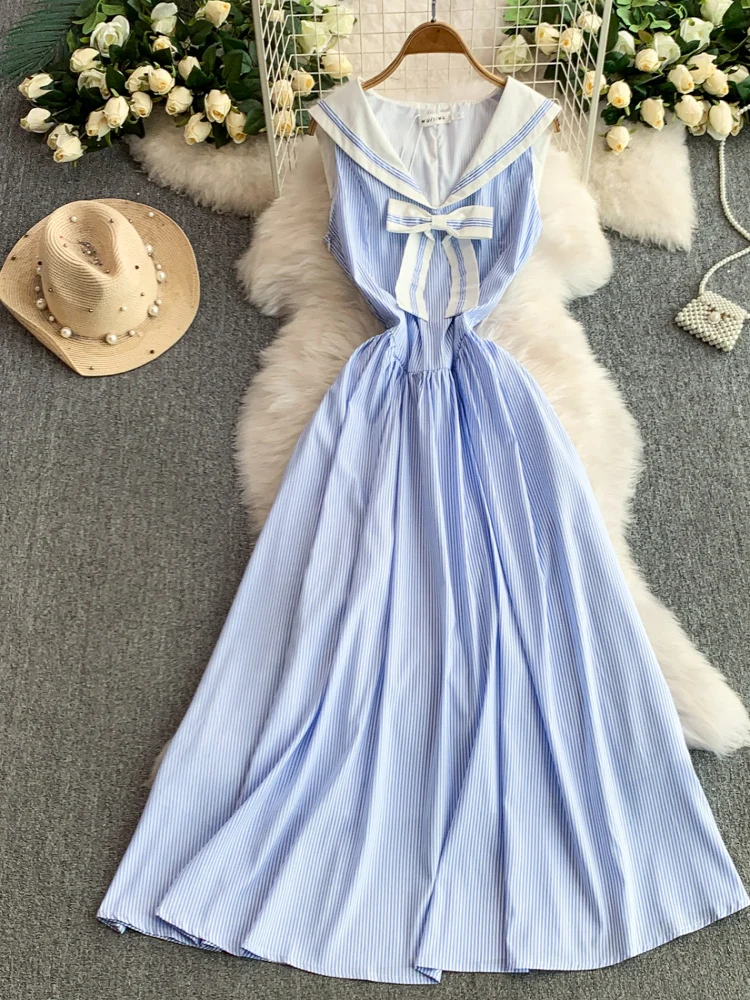 Vestido sin mangas con cuello marinero y lazo de mariposa, estilo coreano, con cintura ajustada y falda larga a rayas para mu...
