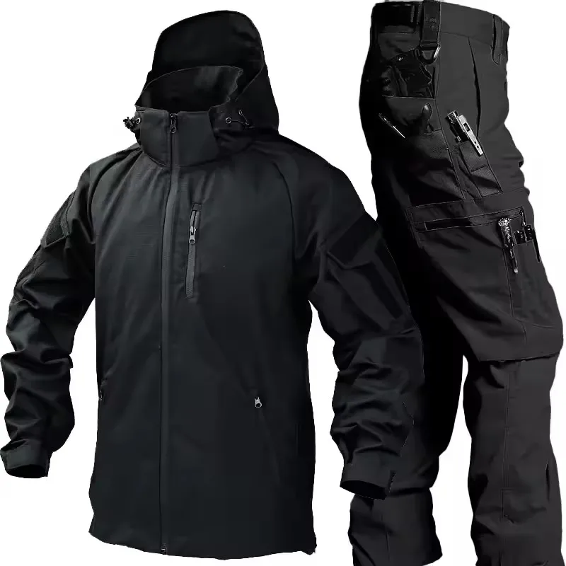 Mens Combat Sets Outdoor Wear-resistant Hooded Tactical Jacket+Multi Pocket Hunting Pants 2-piece Waterproof Training Suits