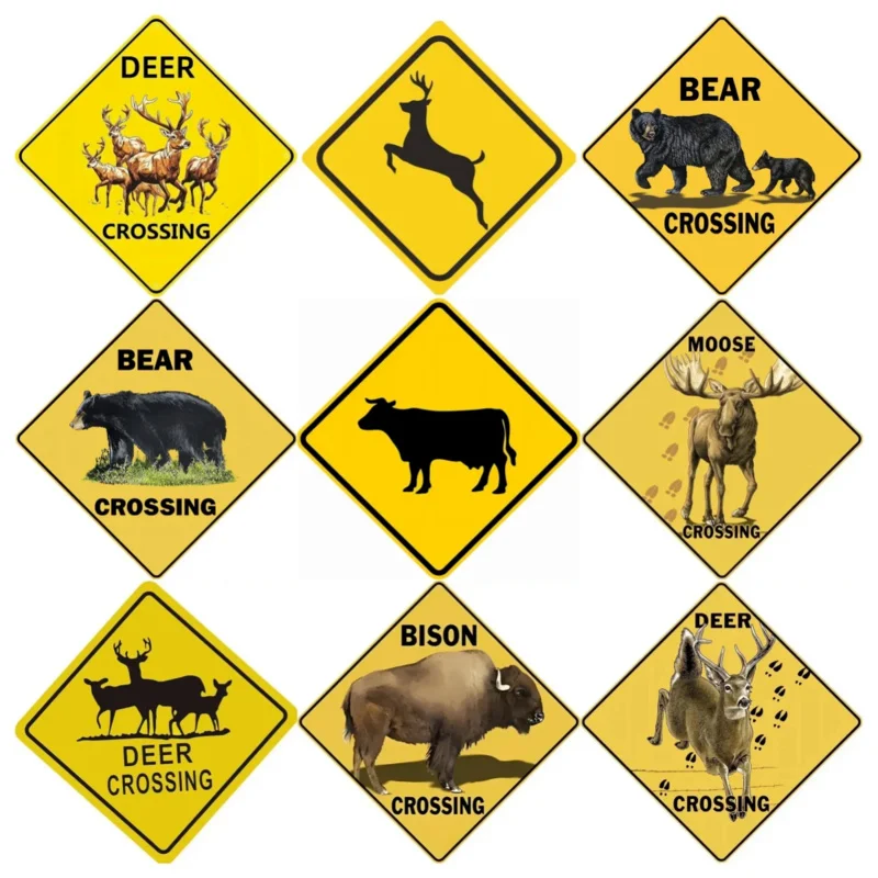 

Black Bear,Deer,Cow,Moose,Bison Crossing Warning Metal Sign, Funny Vintage Metal Wall Decor for Bridges,Forests,Outdoors,Farms