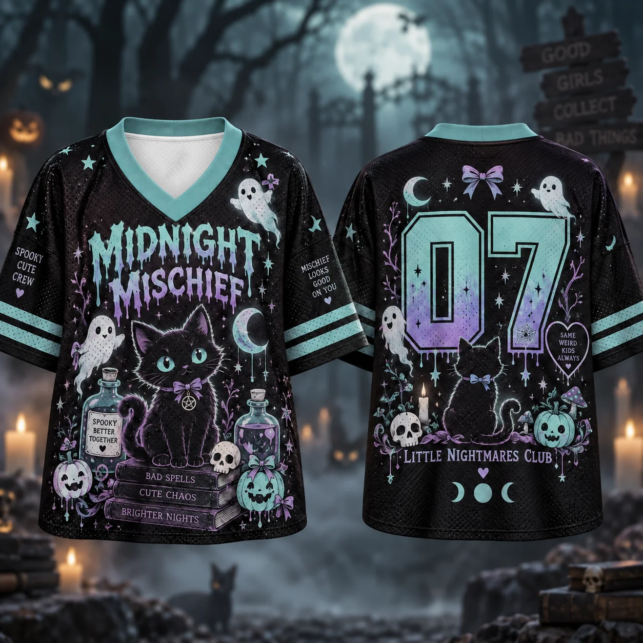 Midnight Mischief Halloween Oversized Mesh Jersey, Pastel Goth Black Cat Ghost Potion Bottle Print V‑Neck Short Sleeve Streetwea
