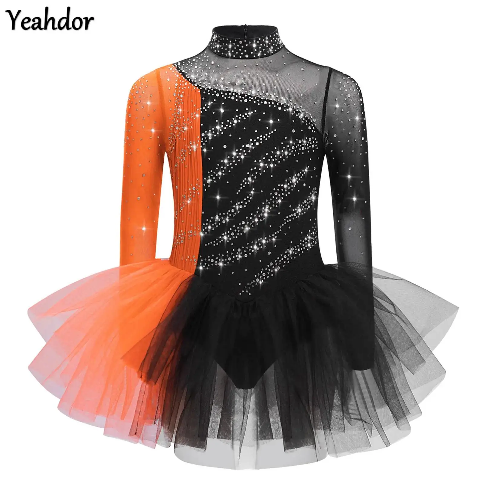 

Girls Figure Ice Skating Dress Ballet Dance Gymnastic Leotard Dress Long Sleeves Rhinestones Mesh Tulle Lyrical Dress Costumes