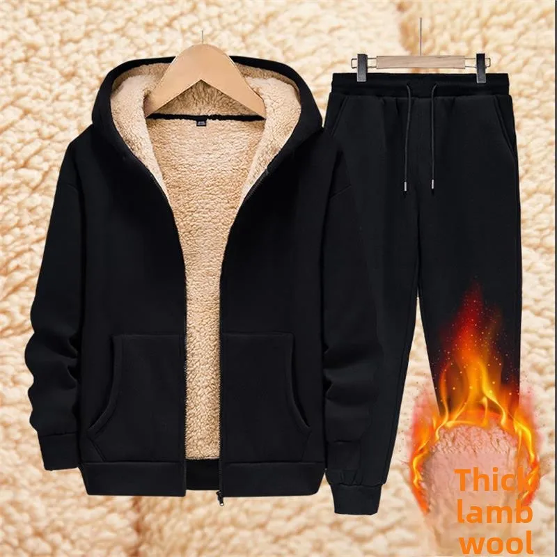 

Men's Winter Lamb Velvet Set Thiened Fce Sports Casual Pants Warm Coat Outerwear Long Sve Sweatirt Long Pants