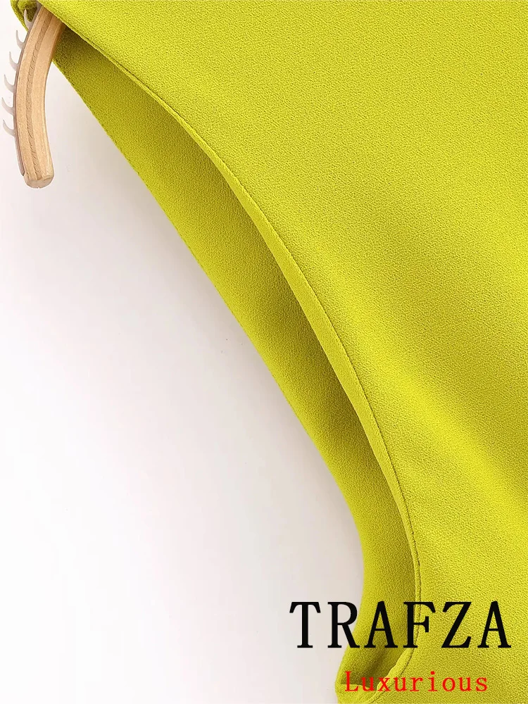 TRAFZA Vintage Casual Chic Women Dress Yellow Solid O-Neck Zipper Sleeveless Straight Vestidos Fashion 2024 Spring Summer Dress