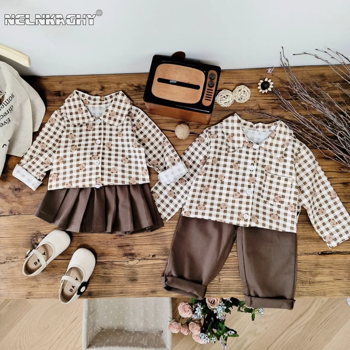 

Spring Autumn Sibling Matching Plaid Bear Peter pan Collar shirts + Solid Color Pleated Skirt Pants Set for Boys Girls