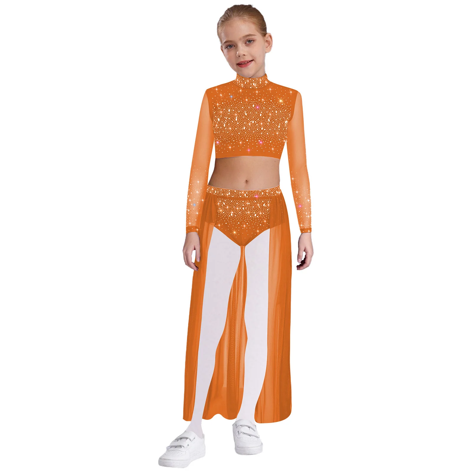 

Kids Girls Lyrical Belly Jazz Dance Clothes Long Sleeve Keyhole Back Crop Top with Flowy Skirt Modern Contemporary Dancewear