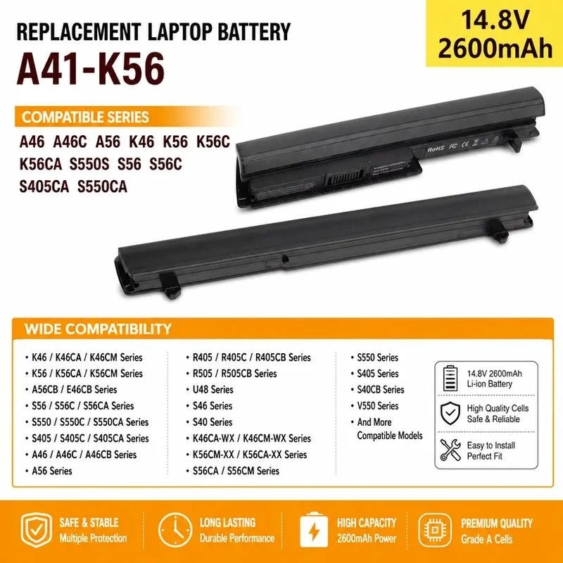 Replacement Battery for ASUS K56C A46C S550C S46C K56V K56CA/CB/CM A41-K56 Laptop Notebook Power Supply
