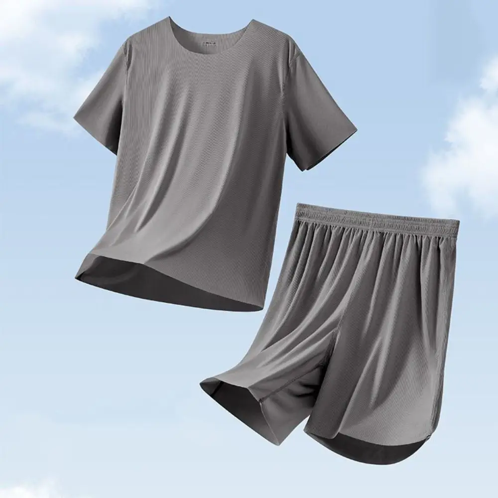 بلون سلس قصيرة الأكمام ملابس خاصة دعوى بسيطة فضفاضة الرجال الصيف منامة ملابس المنزل الحرير الجليد 2 قطعة ملابس نوم مجموعة النساء