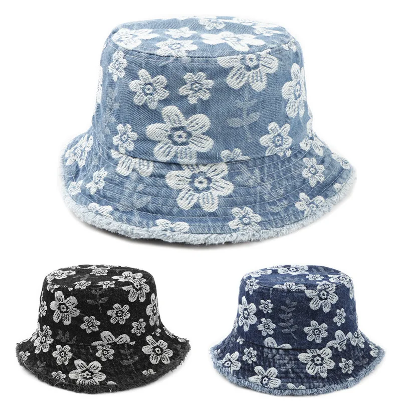 

Fashion Retro Small Flower Embroidered Denim Adults Fisherman Cap Distress Fuzzy Edge Outdoor Sun Protection Bucket Hat