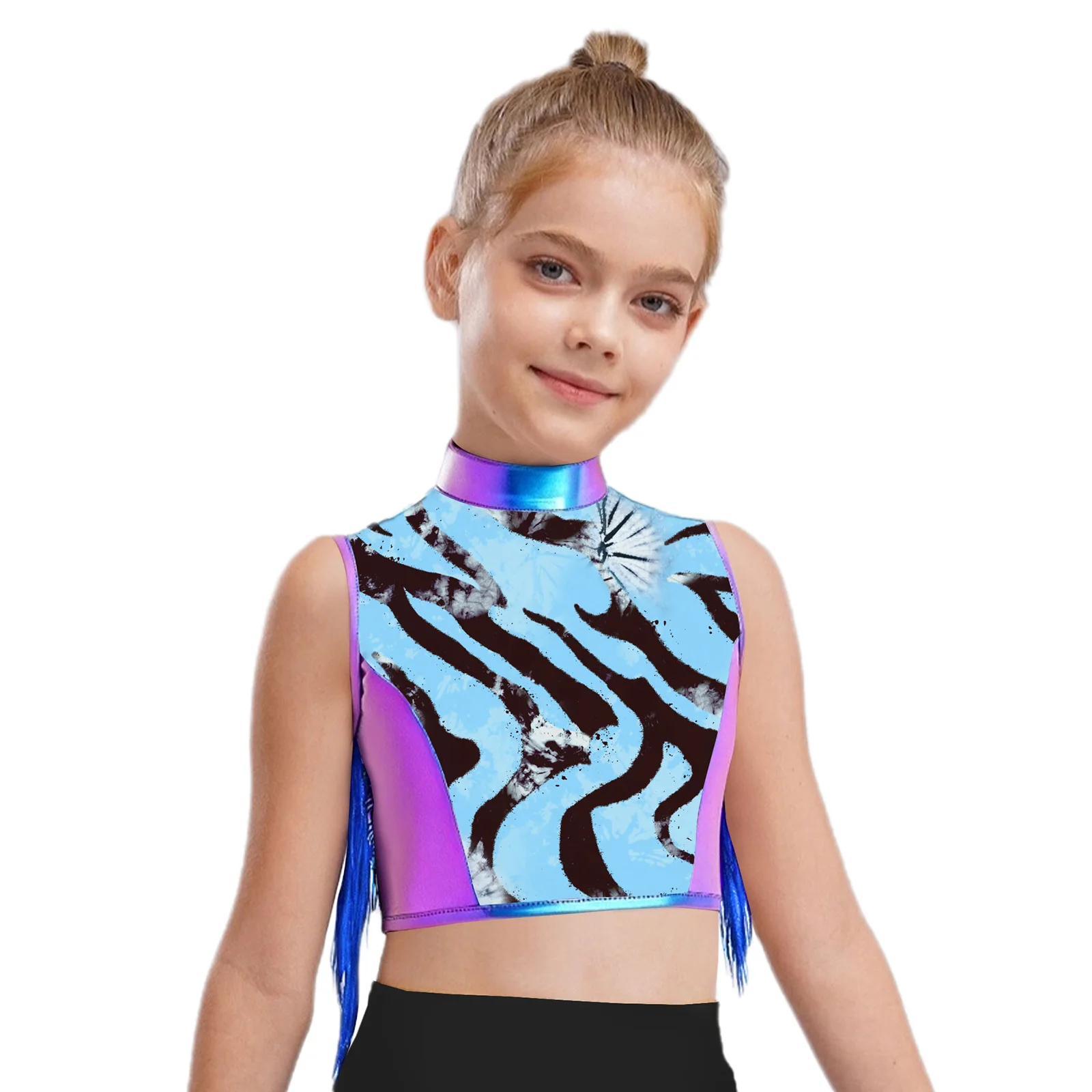 

Children Girl Jazz Dance Top Streetwear Sleeveless Keyhole Back Zebra-Stripe Metallic Crop Top Stage Show Performance Party Wear