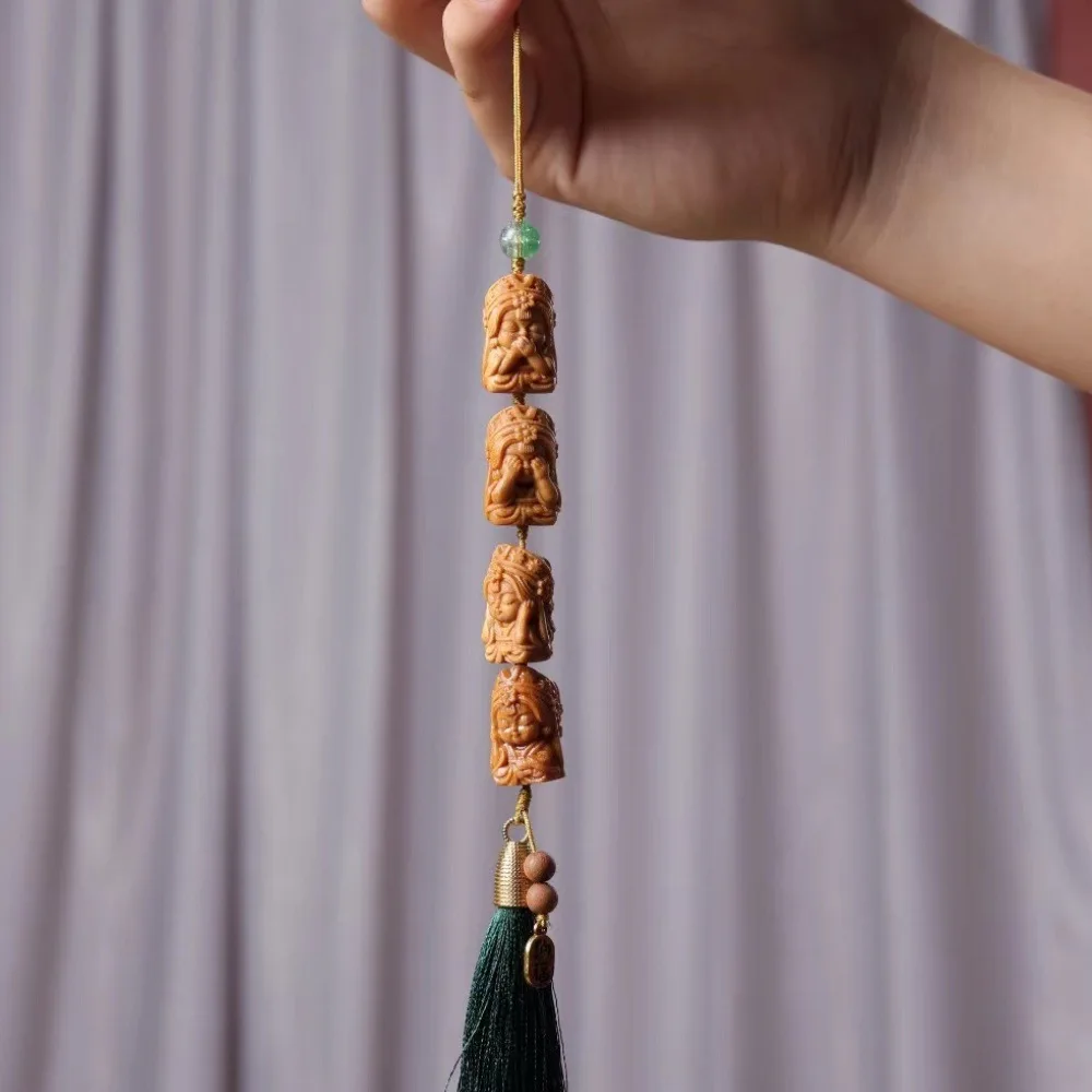 Sandalwood Zhakilamu Four‑No Pendant Chinese Style Phone Chain Tassel Hanging Ornament For Men Women Bag Car Zen Craft Gift