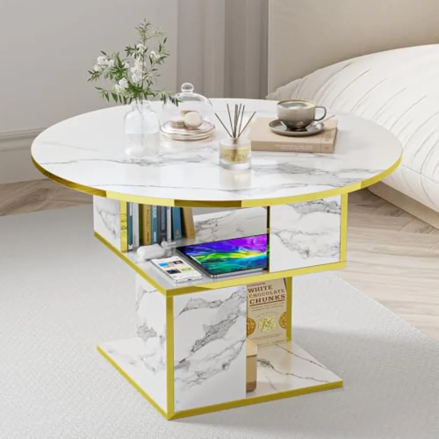 

Round Coffee Table with Storage3-Tier Coffee Table for Living Room Wooden Tabletop- with Gold Frame