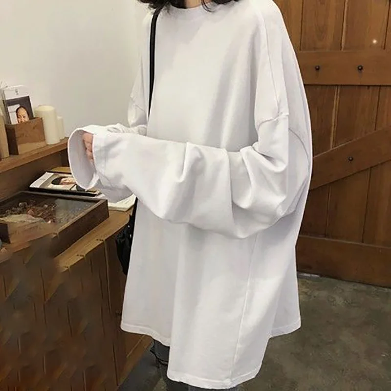 100%cotton Summer Tee T Shirt Women Kawaii T-Shirts Women 2024 Autumn Solid Simple Oversized Tshirt White Long Sleeve Tops