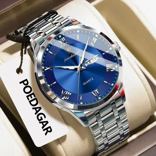 Imagen 2 del producto Reloj POEDAGAR de lujo para hombre, resistente al agua, luminoso, con fecha semanal, reloj de pulsera a la moda para hombre, relojes de cuarzo de negocios de acero inoxidable para hombre