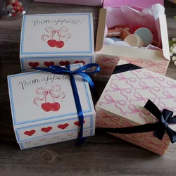 15.5*10*12cm 10 Pcs Cherry Bow Paper Box As Wedding Birthday Valentine's Day Chocolate Cookie Candy Makaron Packing