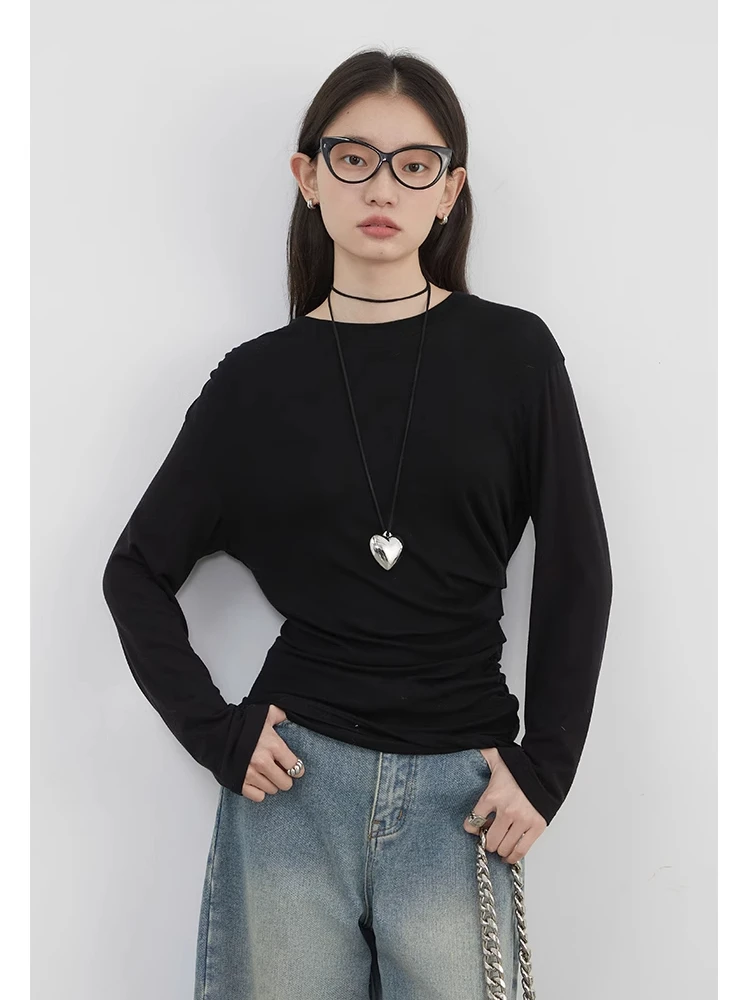 شيك فين تي شيرت حريمي سادة بأكمام طويلة فضفاض غير رسمي جديد رقبة مستديرة مطوي تي شيرت قاعدة سترة نسائية لربيع وصيف 2025