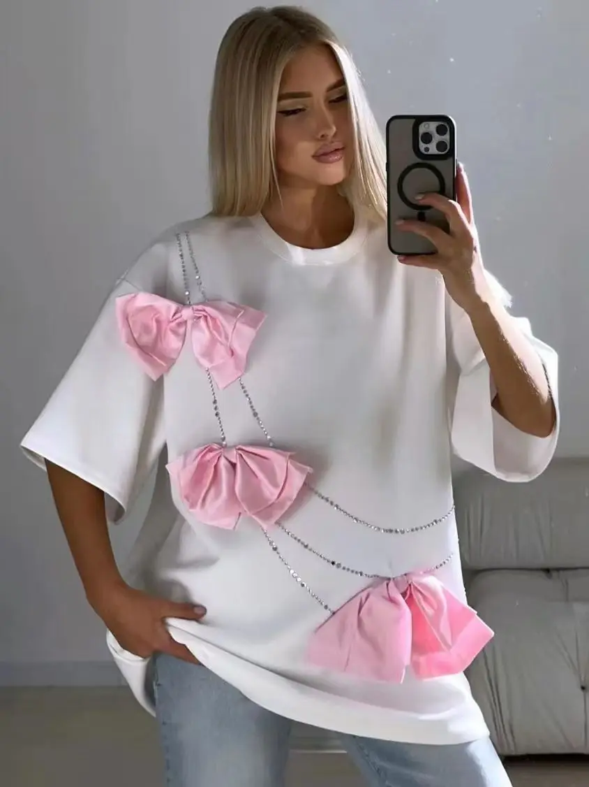 3D Bowknot Fashion Cotton T-shirt Hot Drill Chain Streetwear Top Oversized O Neck Casual Tee Loose Shirt for Women Summer 2025