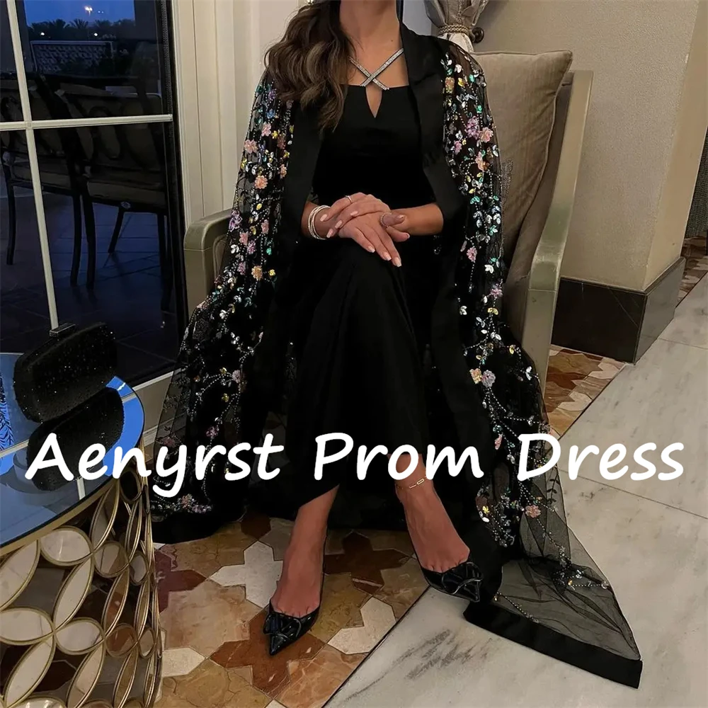 Aenyrst Saudi Arabia Black Cape Evening Dresses Appliques Ankle-Length Prom Dress 2025 Halter Wedding Guest Gowns customized