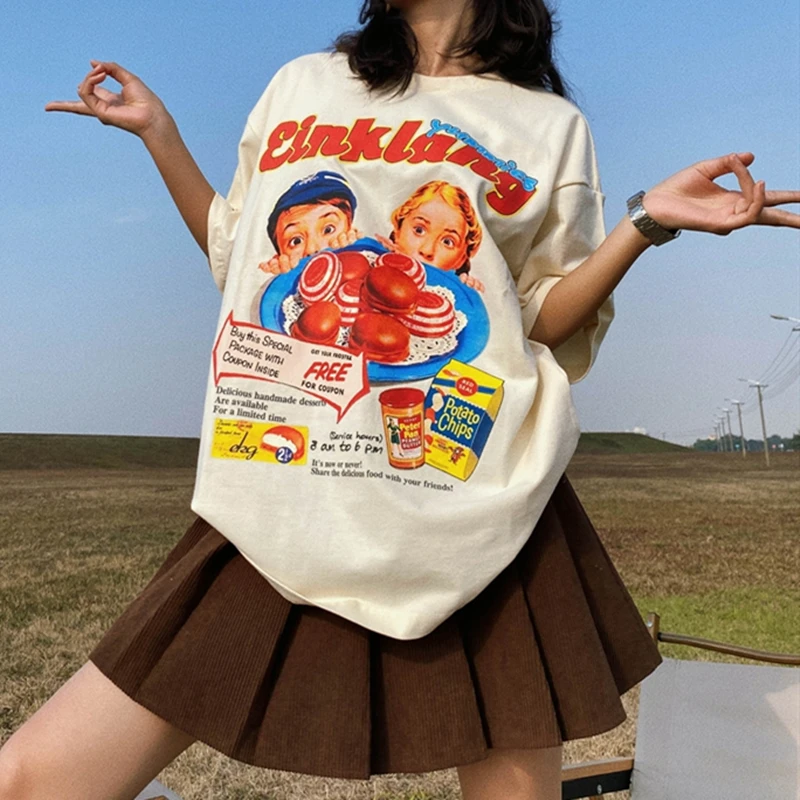 American Retro Snack Cartoon Cute Printed T Shirts Y2K Anime Kawaii Clothes Oversized Loose Summer Tops Teenage Students Hip Hop