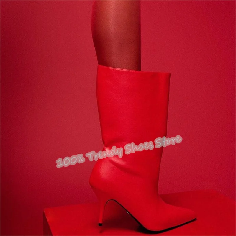 Sexy Red Pointed Toe High Heel Women Short Boots Fashion Party Catwalk Dress Shoes Lady Slip-On Large Size Tube Boots