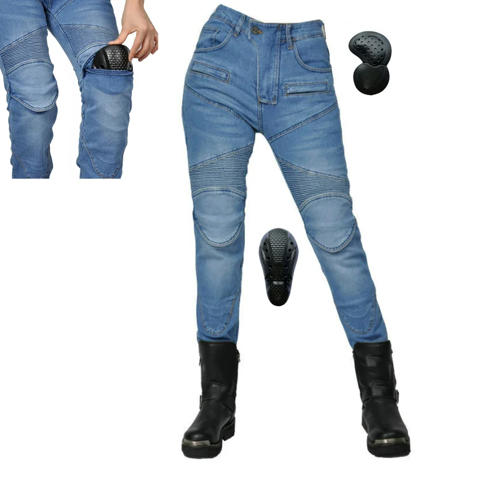 Women Motorcycle Riding Pants with 4 X Upgrade CE Armor Knee Hip Pads Motorbike Cycling Trousers Motocross Racing Jeans Denim