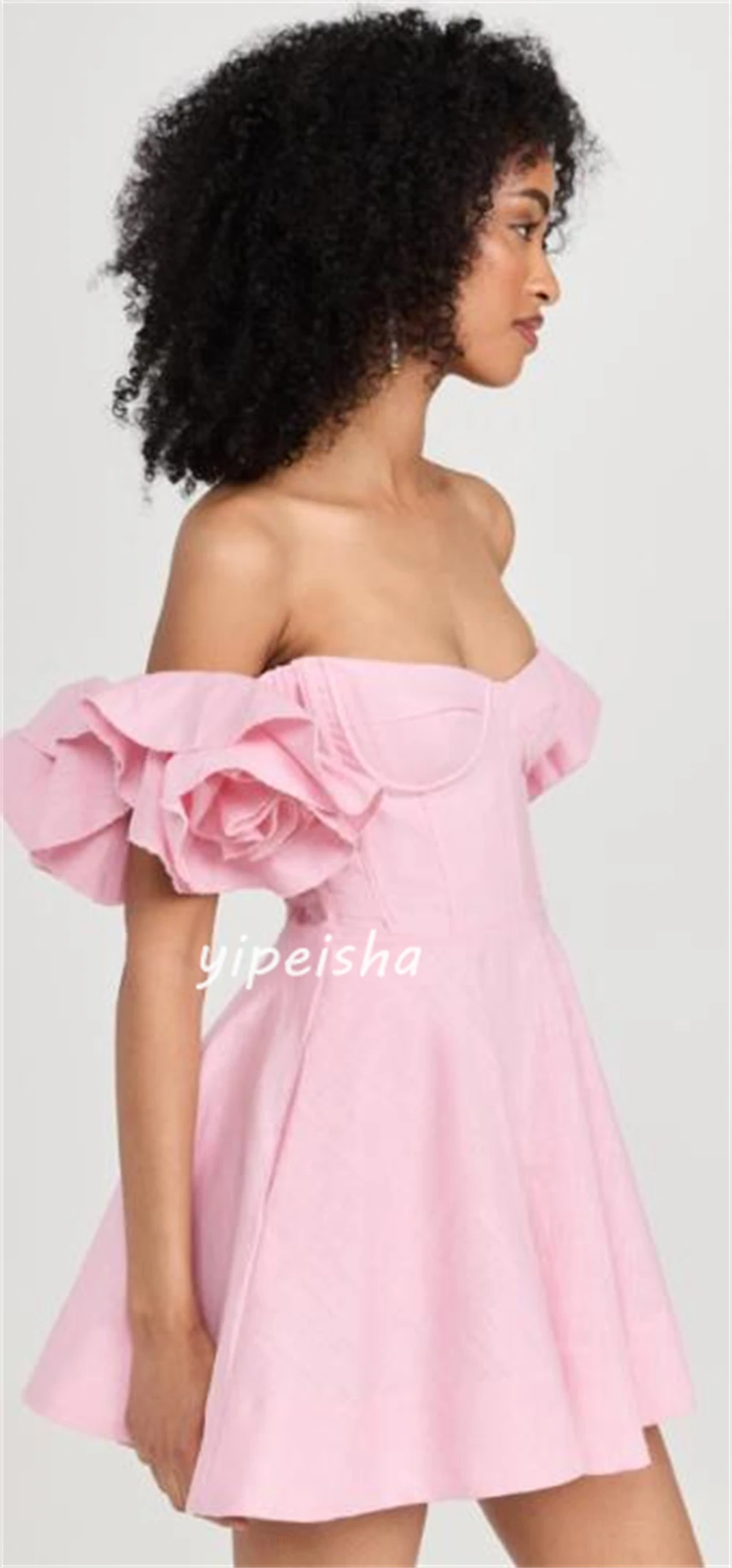 Jersey Bloem Ruches Graduation A-Line Off-The-Shoulder Op Maat Gemaakte Gelegenheidsjurk Mini-Jurken