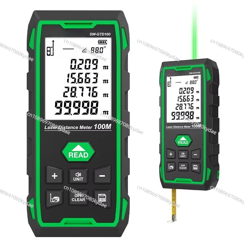 telemetre-exterieur-vert-avec-ruban-a-mesurer-zone-volume-pythagore-angle-hauteur-rechargement-telemetre-laser