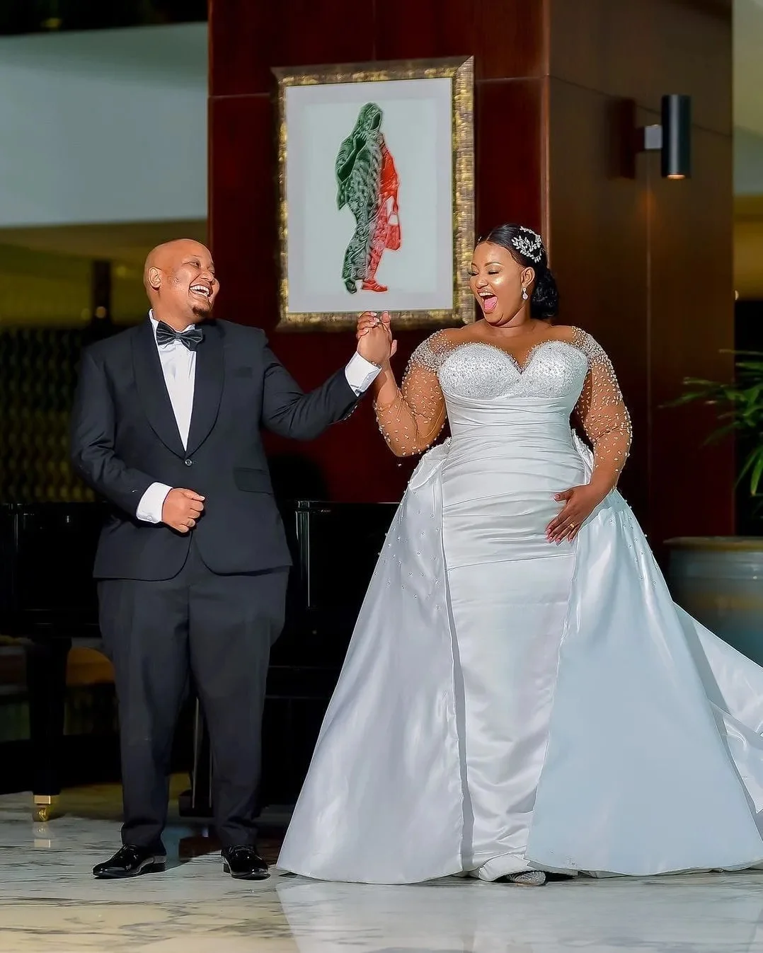 맞춤 플러스 사이즈 신부용 웨딩드레스, 탈부착 가능한 트레인 머메이드 웨딩드레스, 시스루 긴팔 비즈 장식