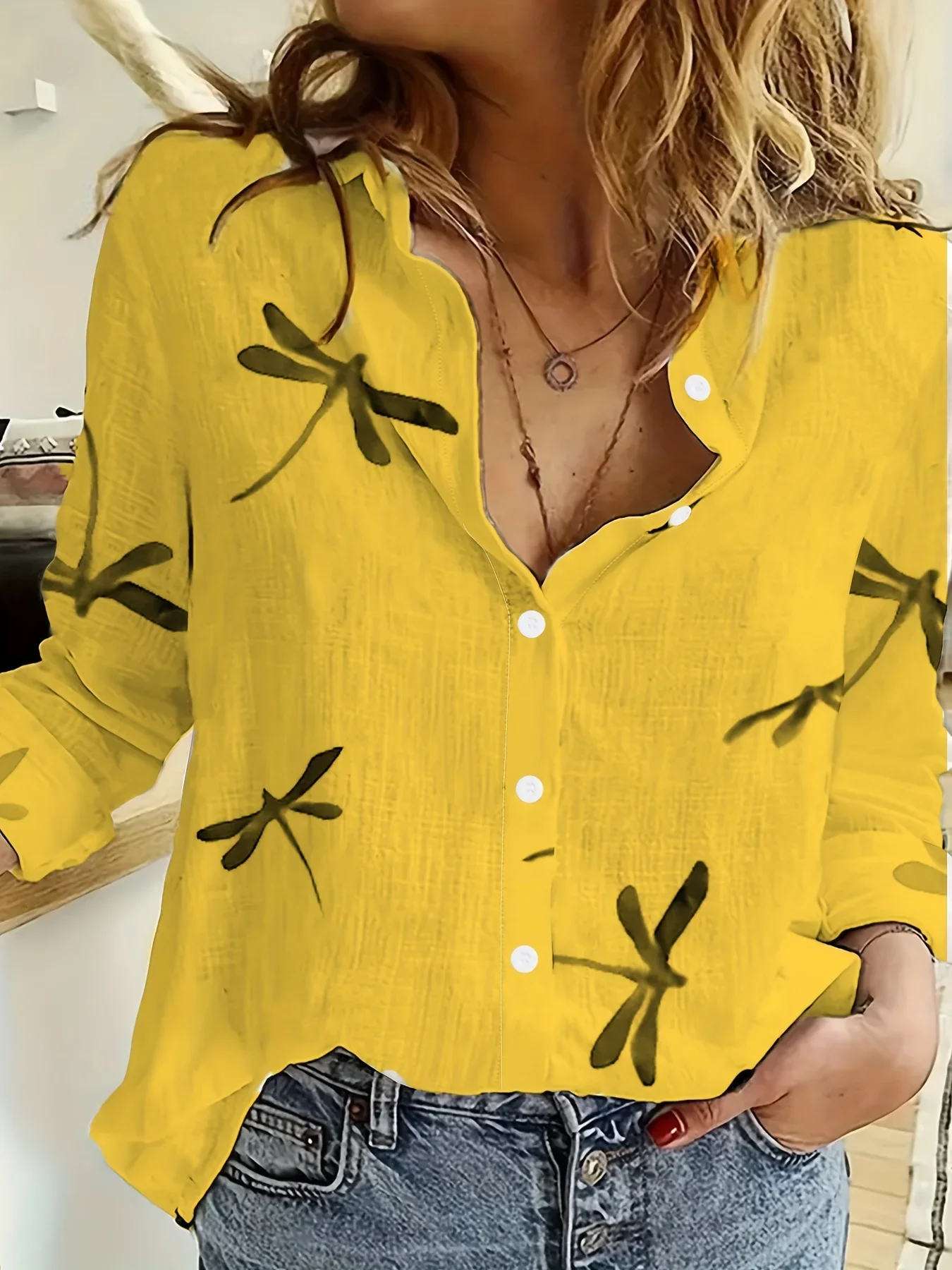 2023 Lente Herfst Dames Shirt Bloemen Grafische Blouse Revers Hals Blouse Vrouwen Lange Mouwen Dames Tops Vrouwelijke Kleding