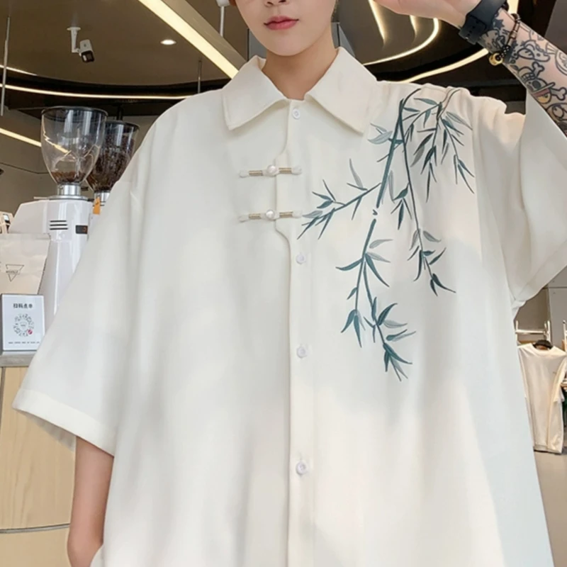 Men Shirts Single Breasted Long Sleeve Spring Embroidery Chinese Style Turn-down Collar Simple Versatile Casual Fashionable New