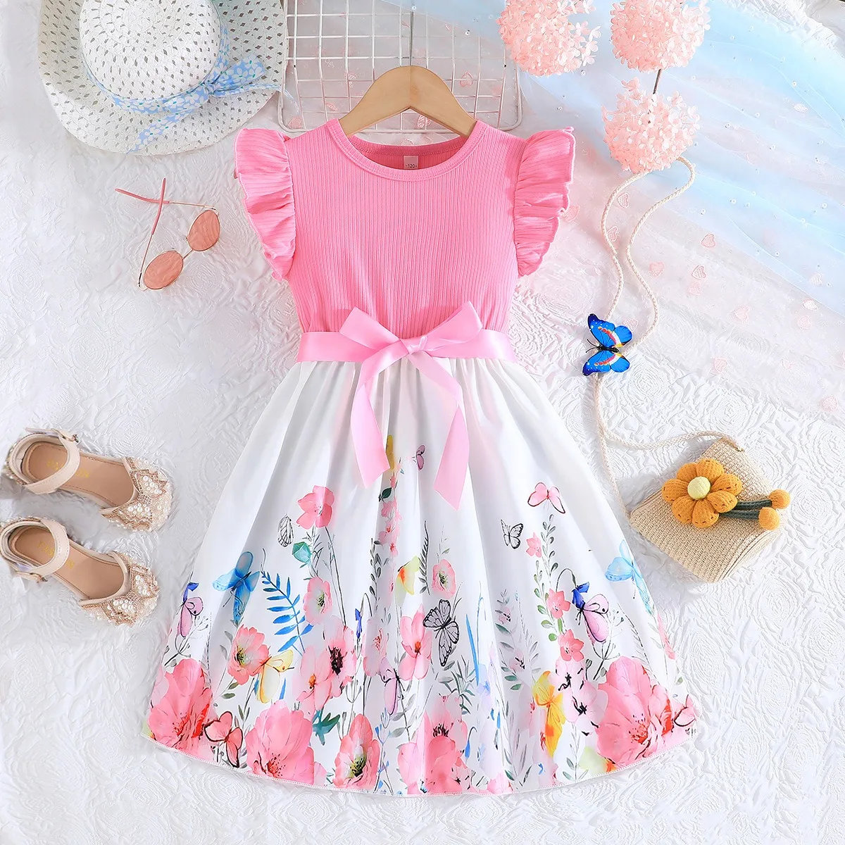 Mädchen Kleid 2023 Neue Sommer Blume Fliegende Ärmel für Kinder Kinder Prinzessin Rock Süße Kleidung Kinder Kleid Mode 6-12Y