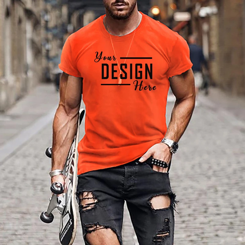 Build Brand Men\'s T-shirts Round Neck Diy Logo Basic Thickened Neckline Shirts Custom Your Design 25 Colors Plus Size S-5XL