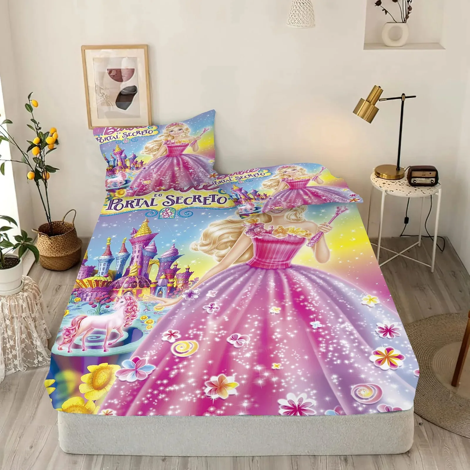 Disney Barbie Pink BedSheet 2/3 Piece,Pink Girl Cute Bed Cover Dust Proof Mattress Protector Cover,Creative Cartoon Present Gift