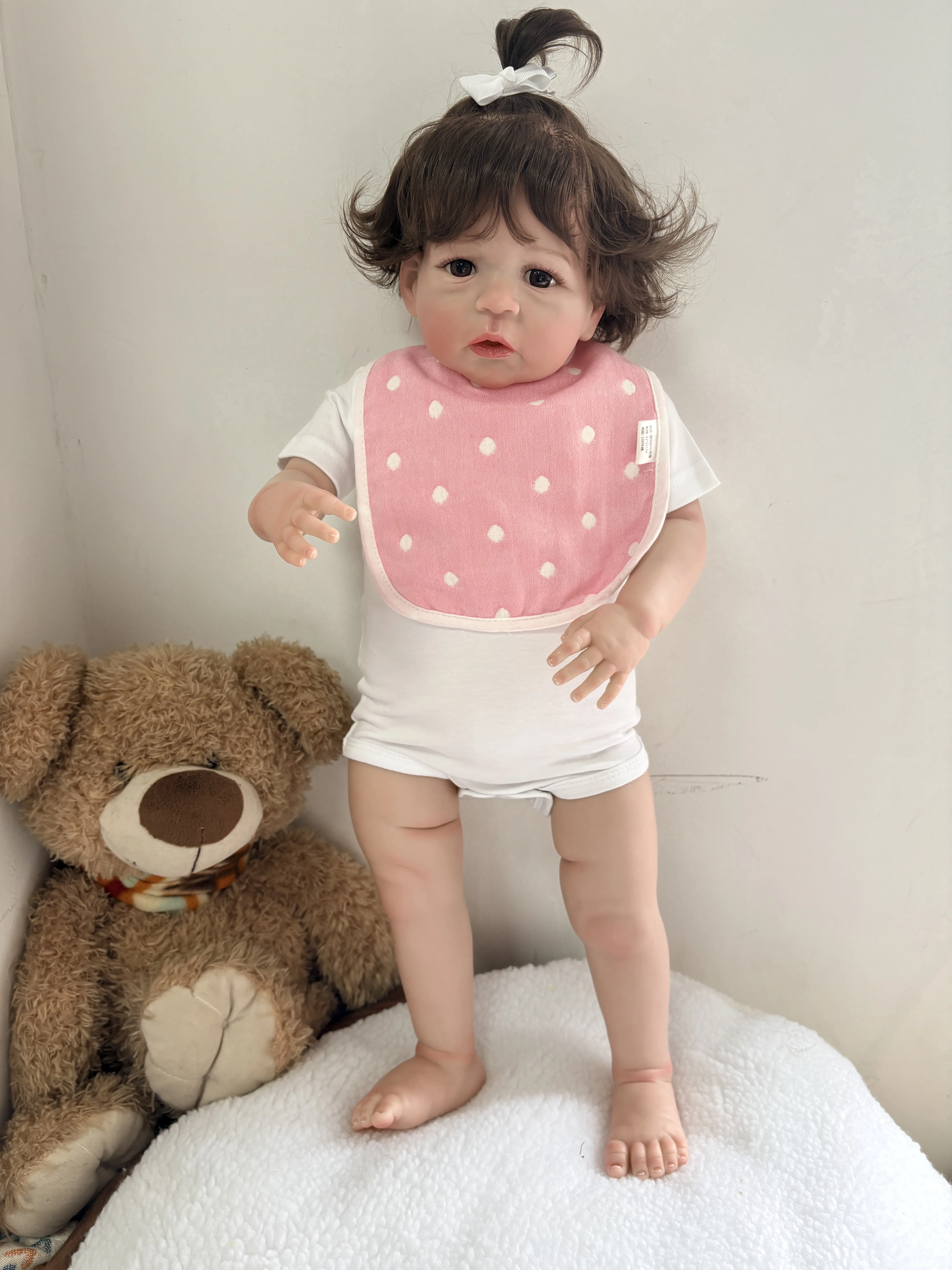 Handmade 60CM Reborn Sandie Multiple Layers Hand Painting 3D Skin Visible Veins with Implantation Hair Real Looking Baby Girl