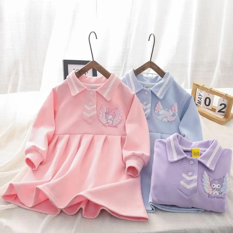 Kawaii My Melody Kids Spring Autumn Dress Sanrios Kuromi Cinnamoroll Girls Fashion Long Sleeve Princess Skirt Cute Preppy Dress