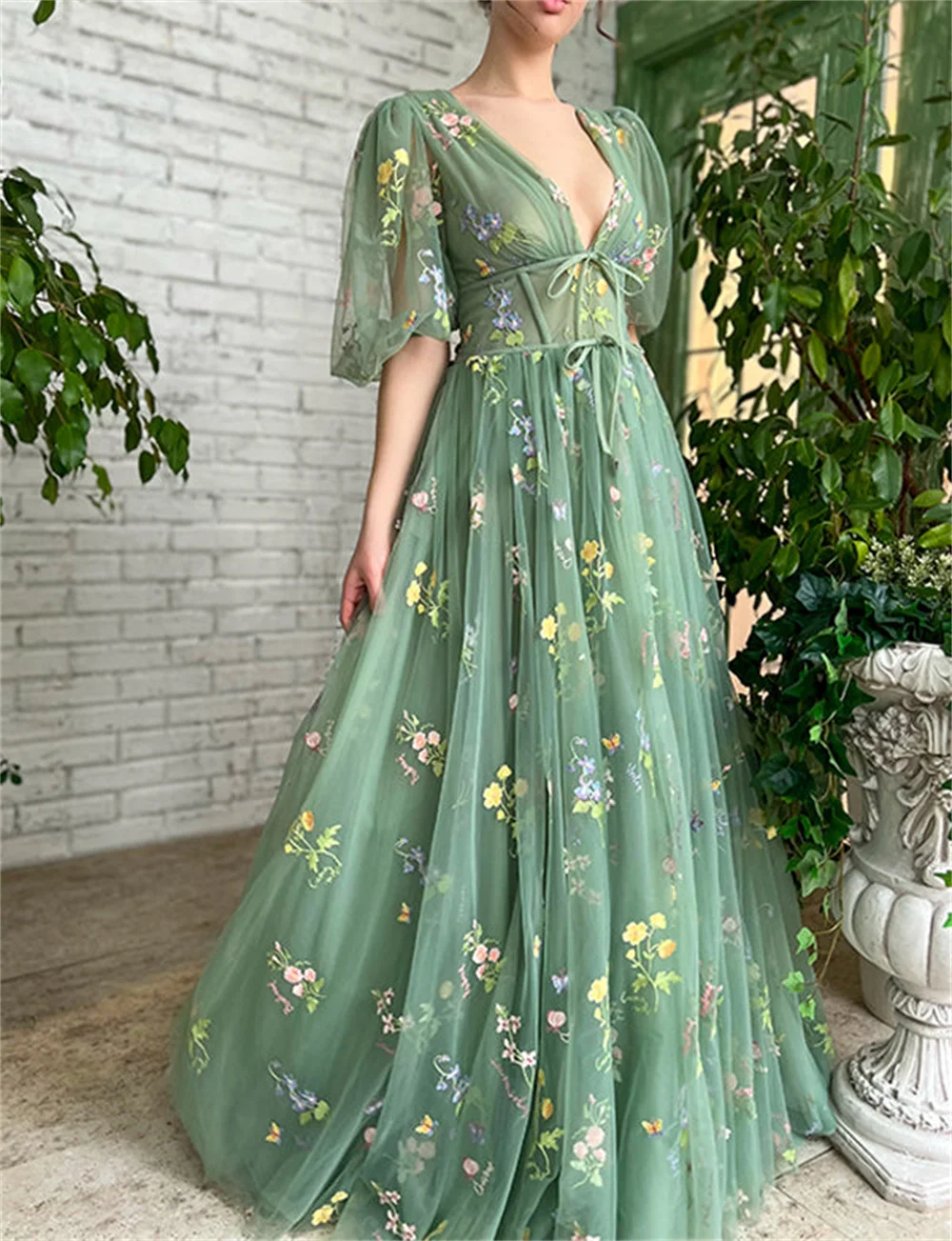 Women's Half-sleeve v-neck With Flower Tulle Bow Green Evening Dress Birthday Party Dress Bar Mitzvah Dress Formal Occasion