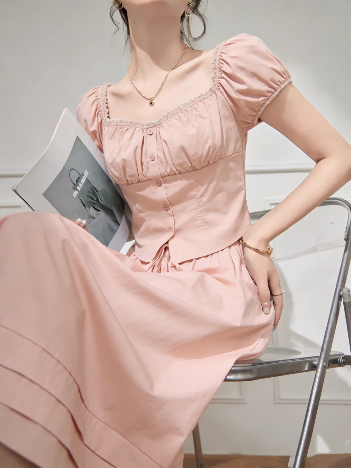 

Pink Sweet Lulu Slimming Bubble Sleeve Square Collar Top And Half Skirt Two Piece Set Women's Fashion Casual Summer Outfit