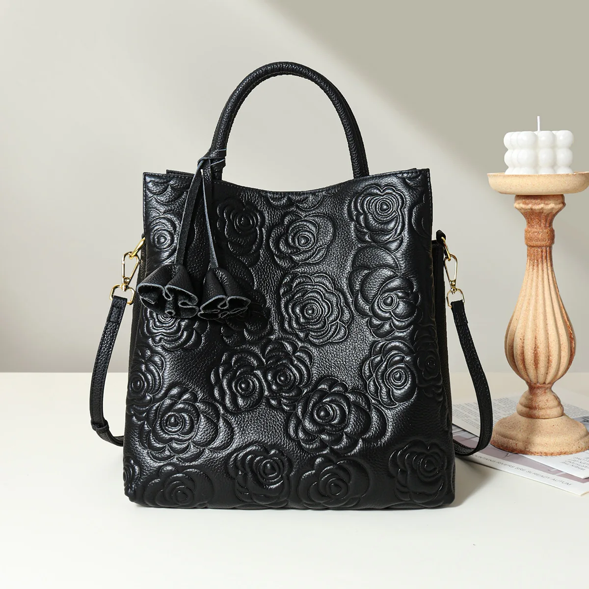 

Elegant 2025 Camellia Tote Bag - Genuine Cowhide Leather Shoulder Bag for Women, Stylish Large Work Purse with Crossbody Strap