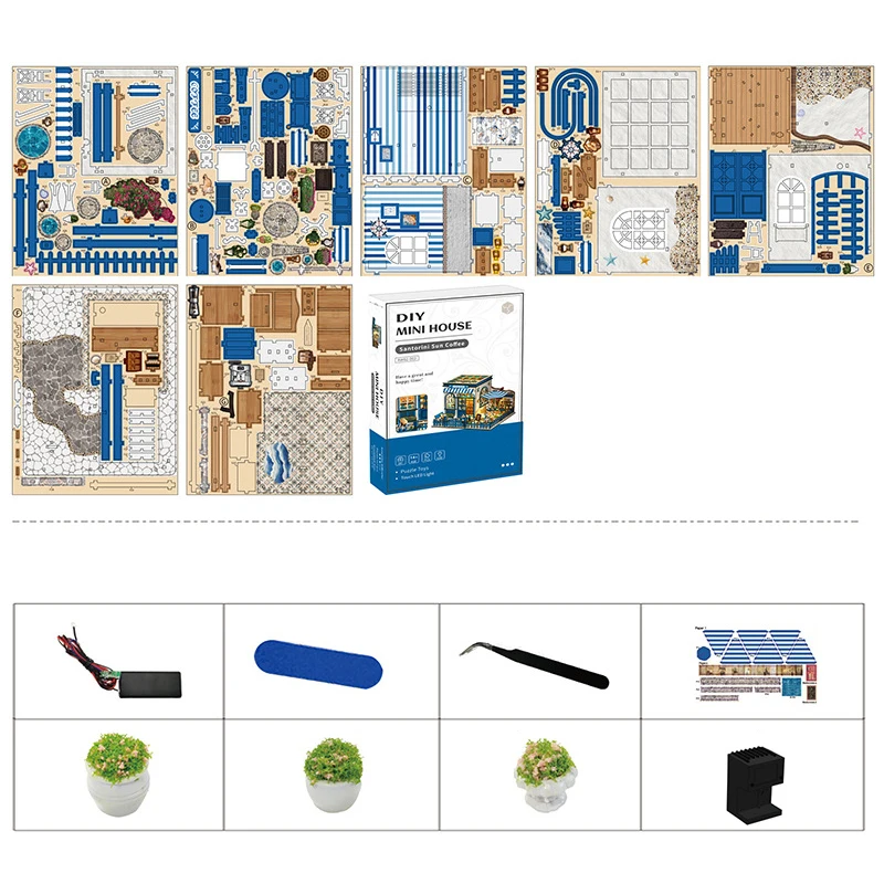 Diy casa de bonecas de madeira santorini sol café casa em miniatura com kit móveis montar brinquedo criança adulto presente aniversário casa