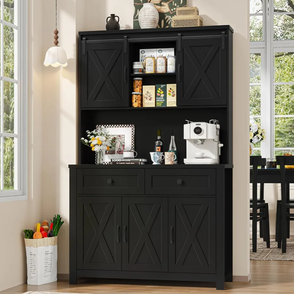67.7 Inch Farmhouse Pantry Storage Cabinet with Sliding Barn Doors, 2 Drawer Farmhouse Coffee Cabinet with Adjustable Shelf, Sid