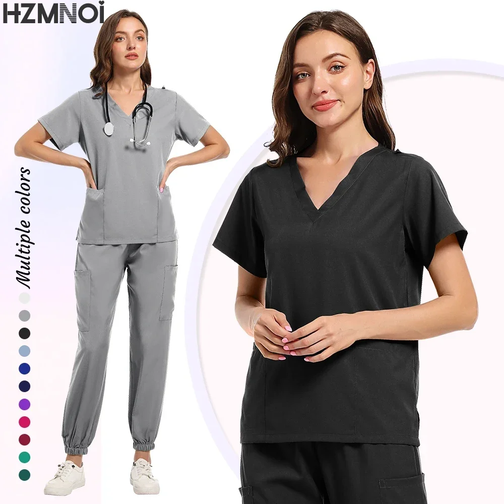 Odzież robocza unisex Garnitury Lekarz Mundury pielęgniarskie Krótki rękaw Topy z dekoltem w kształcie litery V Spodnie z kieszeniami Zestaw peelingów pielęgniarskich Odzież medyczna kliniczna