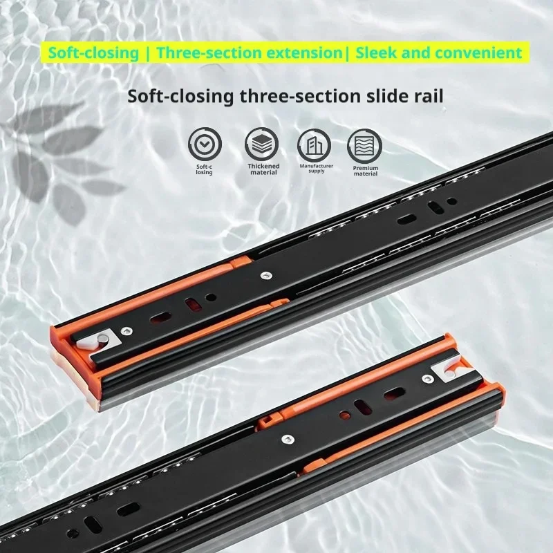 Silent Buffer Full Pull-out Drawer Runner, Heavy-Duty 3 Fold Cupboard Furniture Fittings, 45mm 12-20 Inch 2Pcs