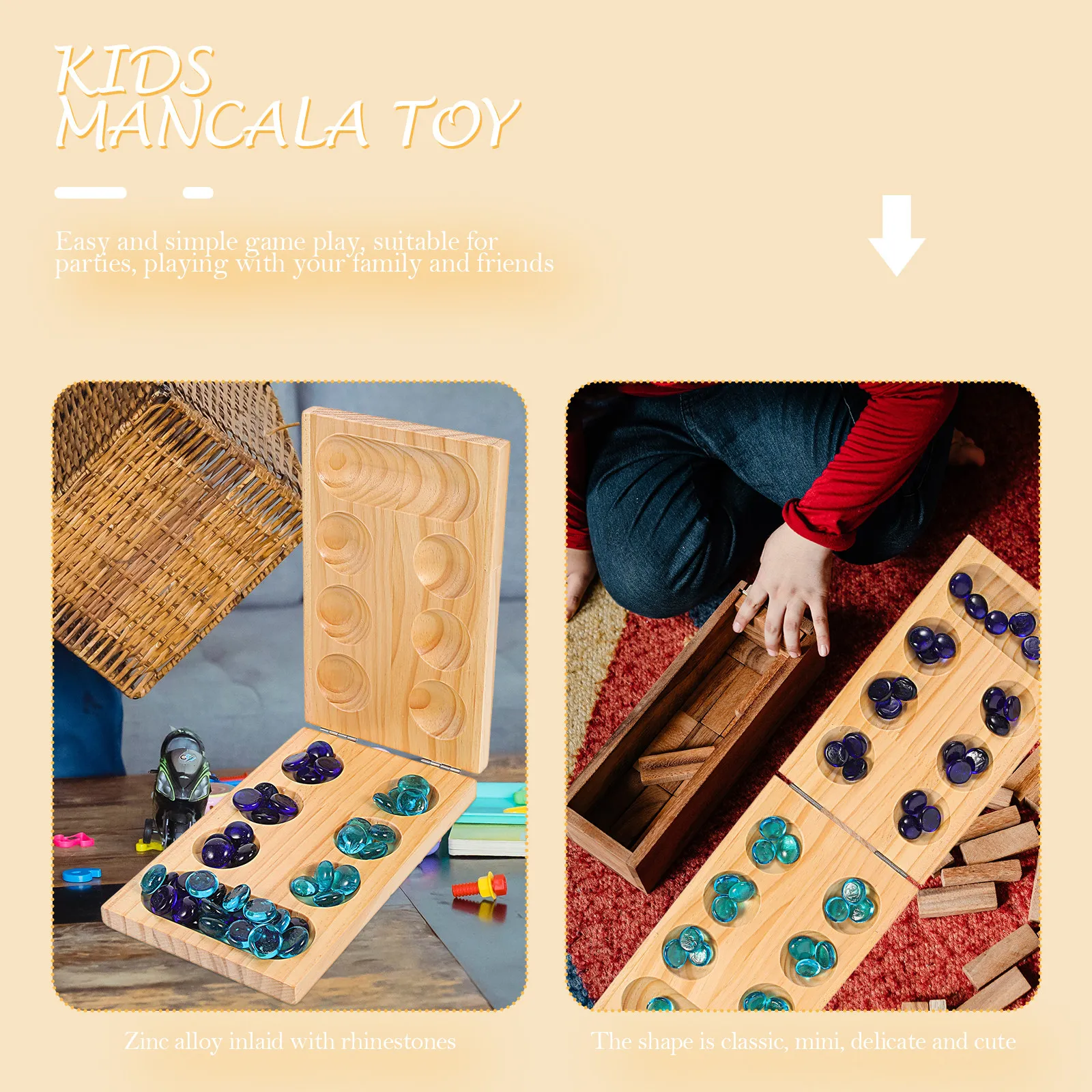 

1Set Wooden Mancala Foldable Board Game Gemstone Chess Logic Training Lightweight Portable Mancala Plaything Game Chess Set