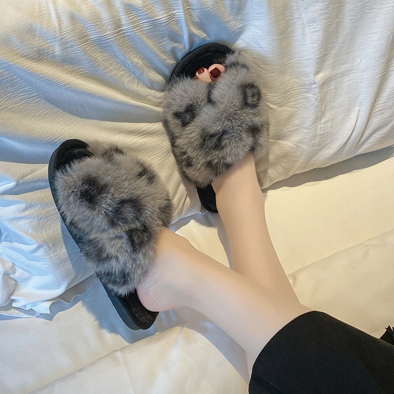 Fashion Leopard Print Sports Fluffy Slippers for Women Autumn Winter Warm Home Indoor Flat Floor Cotton Slippers