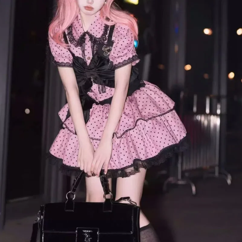 Summer New Women's Turn-down Collar Button Spliced Lace Polka Dot Bow Shirt Sweet Slim Short Sleeve Short Skirts Set 2025