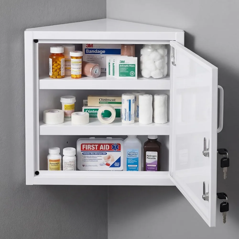 Locking Wall Mounted Medicine Cabinet with Document Pocket Dual Keys White