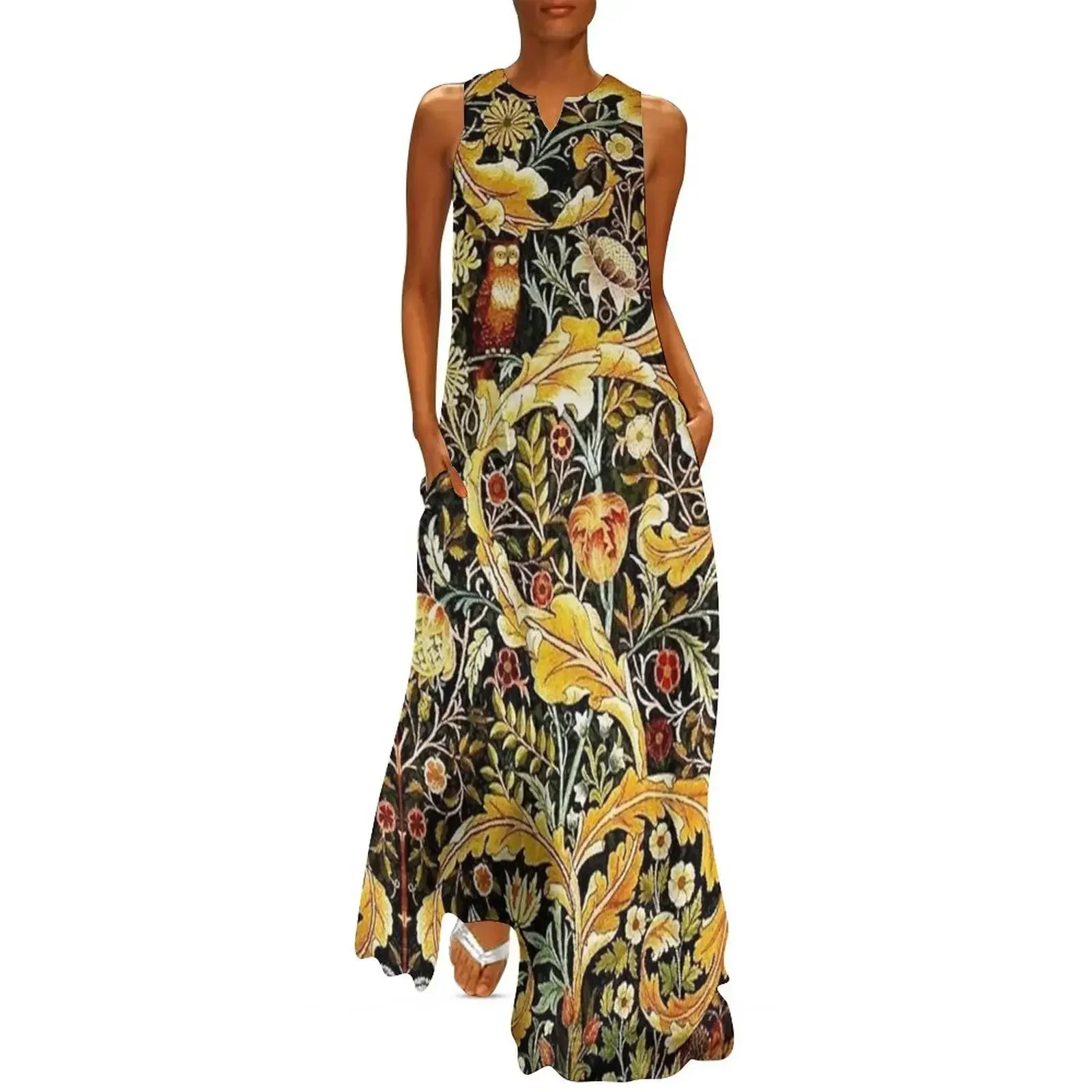 

OWL ON ACANTHUS LEAVES AND FLOWERS Yellow Brown Floral Long Dress dress for woman elegant and pretty women's dresses Dress