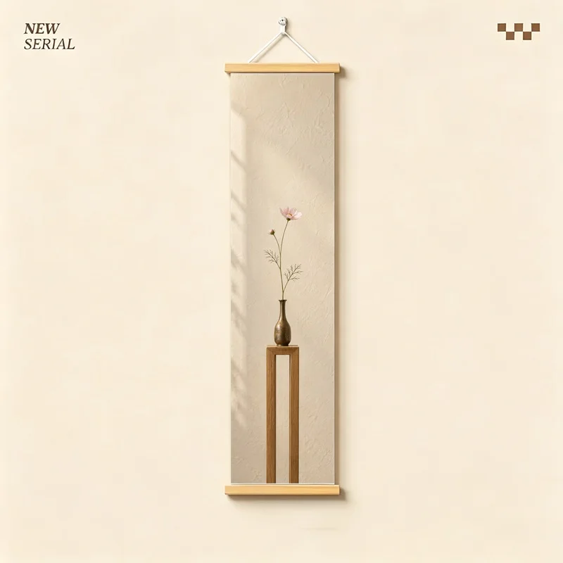 Cosmos Wall Art 4-Panel Pink Flower Vase Hanging Scroll Set on Cream Silver Shimmer Canvas for Airy Bedroom Home Decor