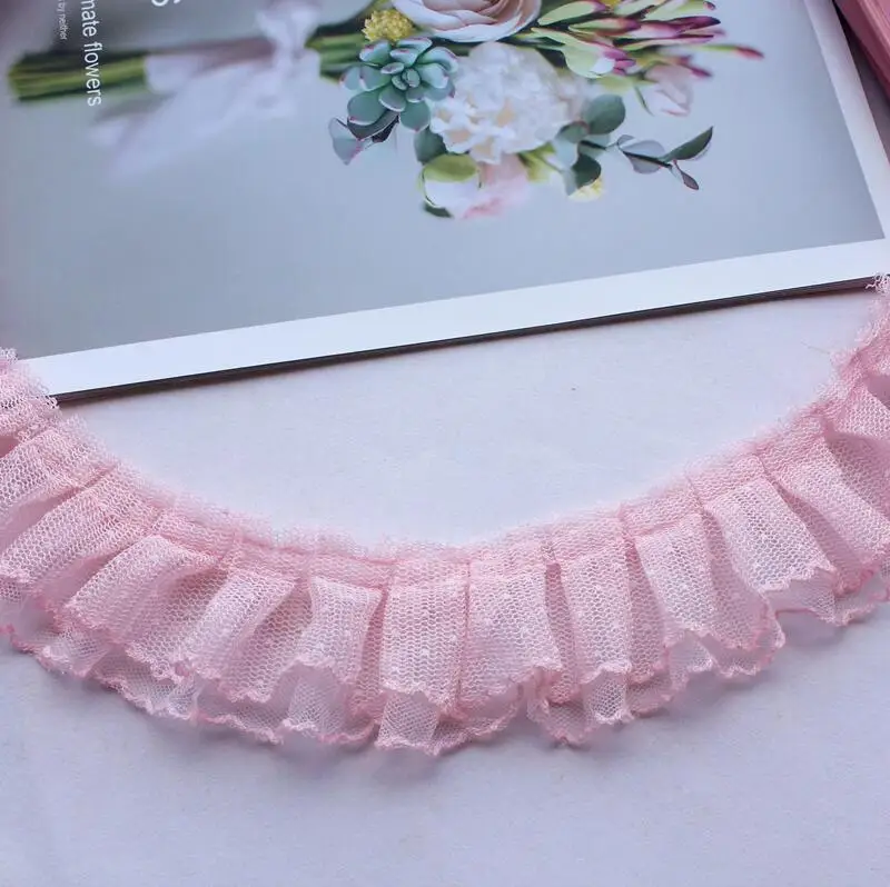 3/5yard 5CM Wide 2Layers Purple Pink Mesh Polka Dots Embroidery Ruffle Lace Trim Lolita Dress Collar Cuffs DIY Sewing Decor X658